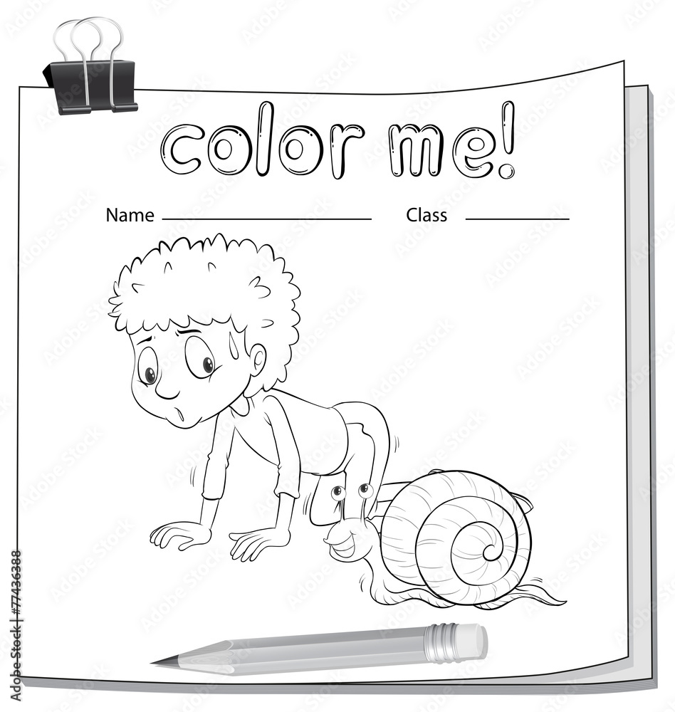 一张显示一个男孩和一只蜗牛的工作表