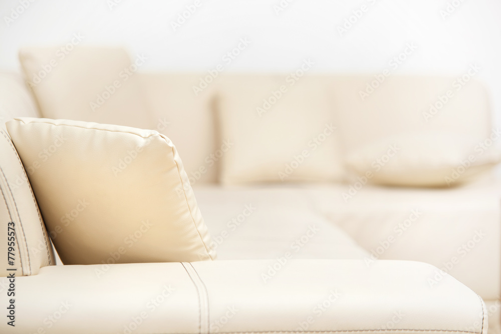 Beige leather sofa with pillows in the living room