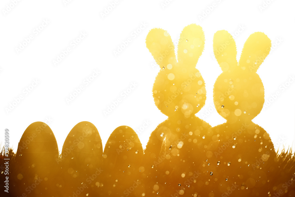 草地上的复活节兔子和鸡蛋