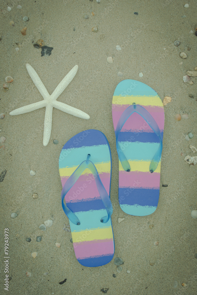 复古滤镜风格海滩上带拖鞋的星鱼