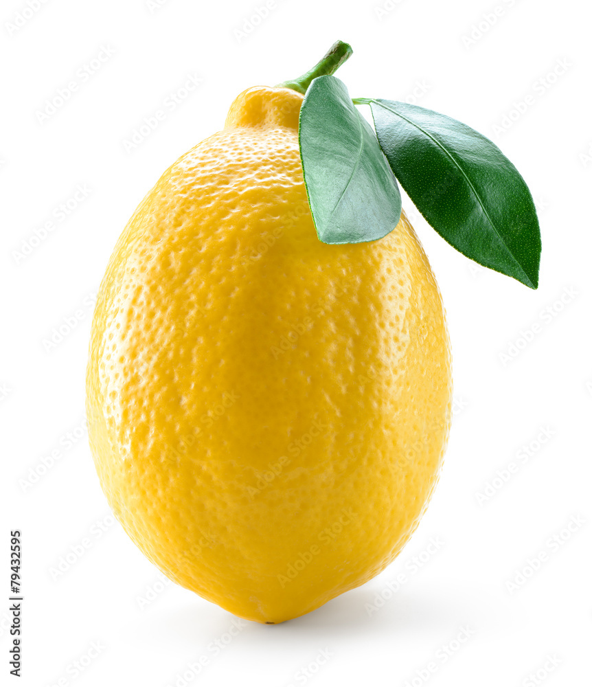 新鲜柠檬。白色隔离叶子的水果