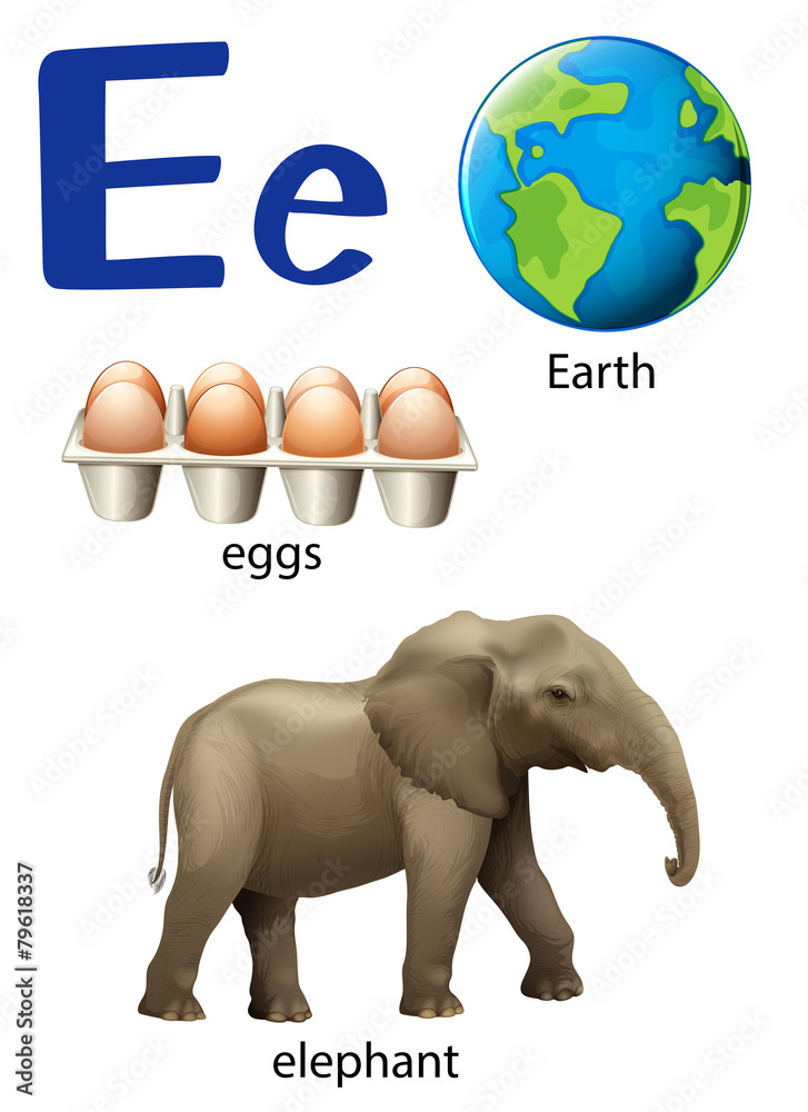 Letter E for Earth, eggs and elephant