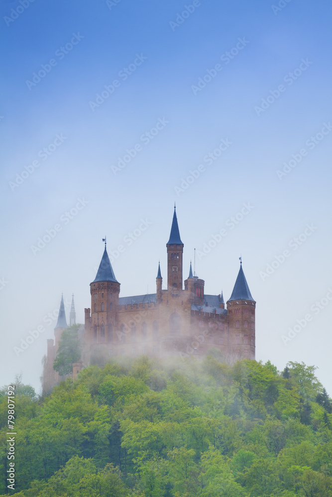夏季雾霾中的霍亨佐伦城堡景观