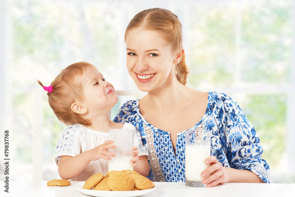幸福的家庭妈妈和宝贝女儿在早餐：饼干
