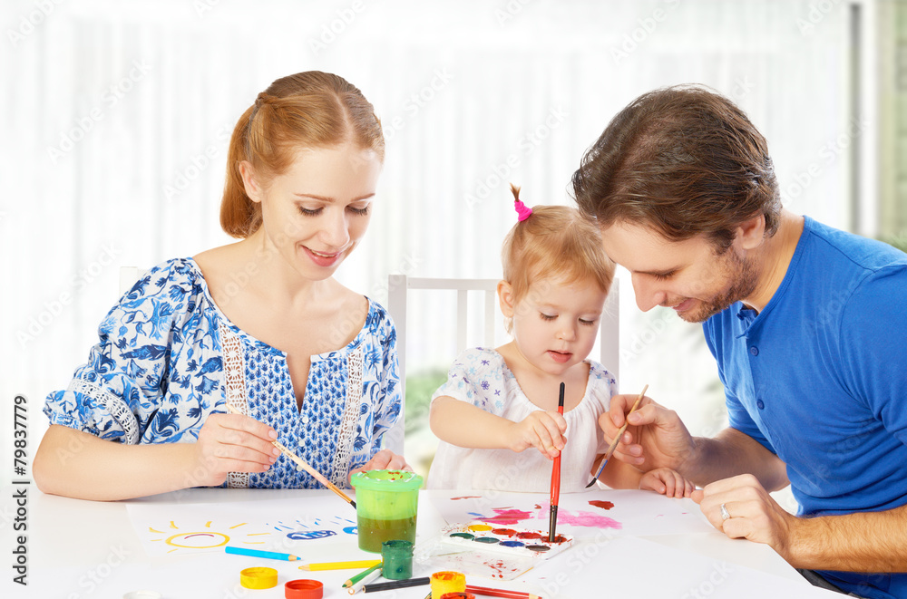 幸福的家庭：母亲、父亲和孩子女儿画画