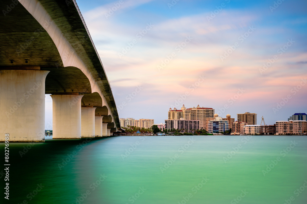 Sarasota, Florida, USA town cityscape from Sarasota Bay.