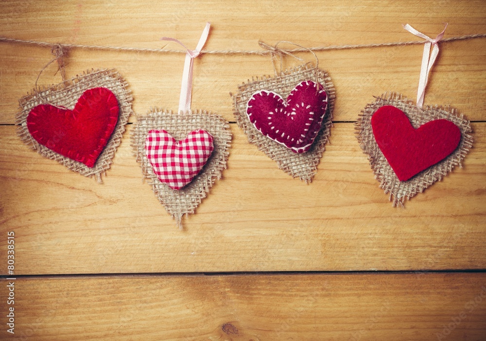 古董。Gingham Love Valentines心形天然绳索和红色