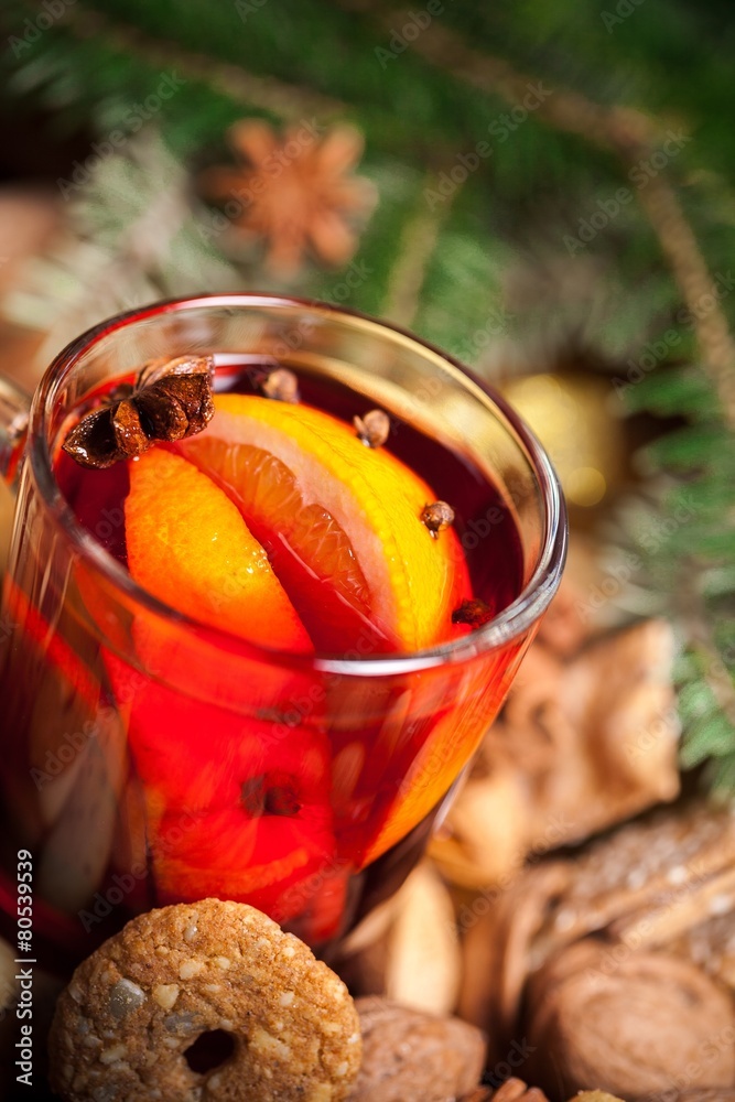 Wine. Cookies in the shape of stars, spices and mulled wine on a