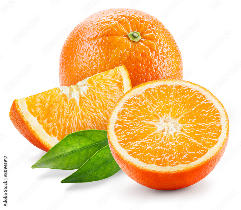 Orange fruit. Whole, half and slice with leaves isolated on whit