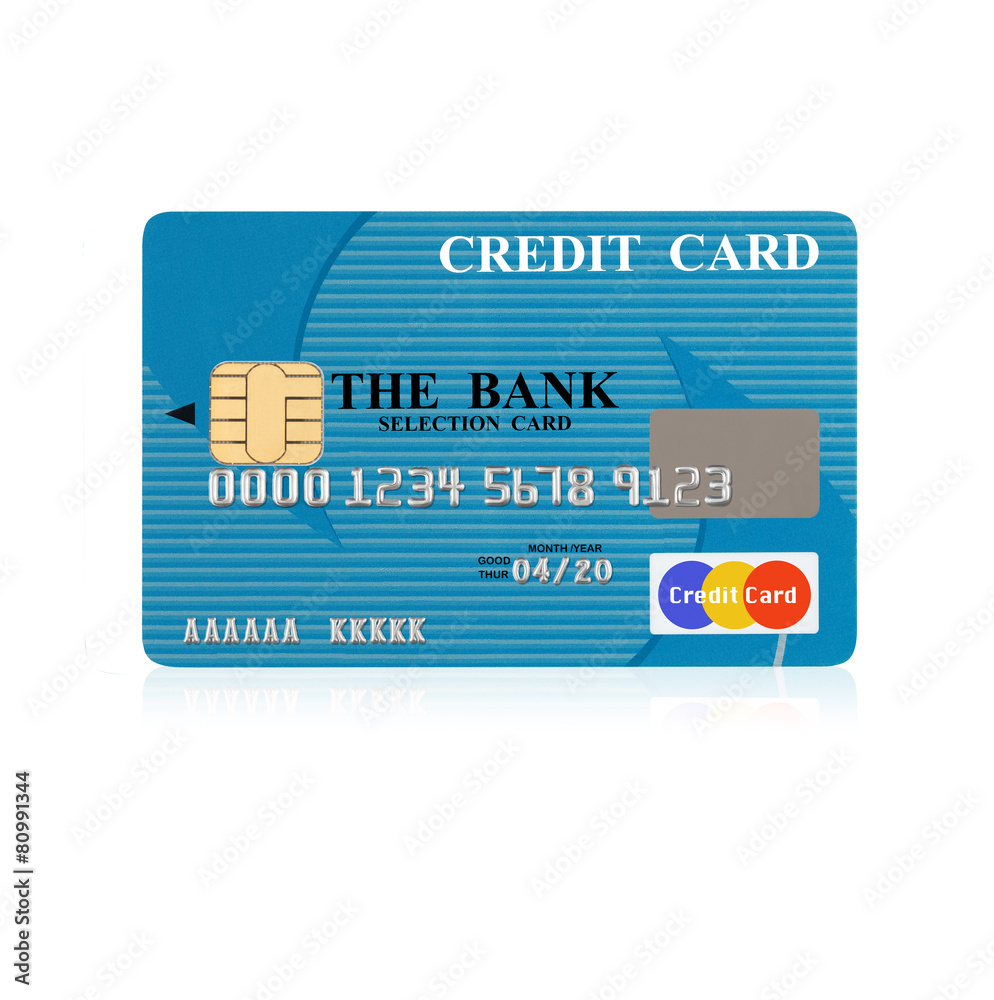 白色反光表面上的信用卡，带有剪切路径