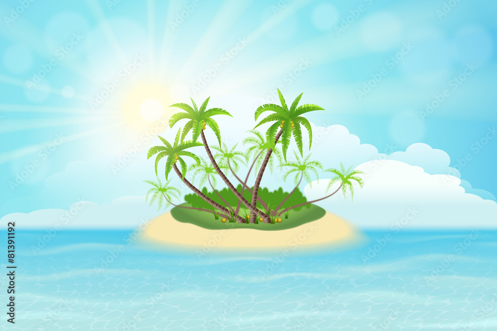 棕榈树、天空、云朵和阳光的天堂热带岛屿