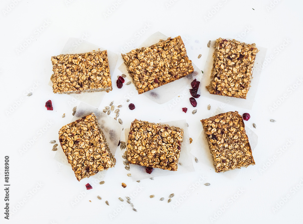 Granola bars on white background, top view