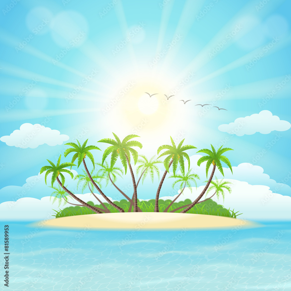 有棕榈树、天空、云朵和阳光的夏季热带岛屿