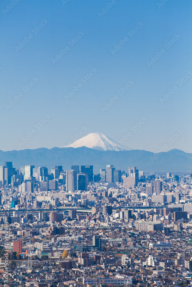 冬季的东京城市景观和富士山