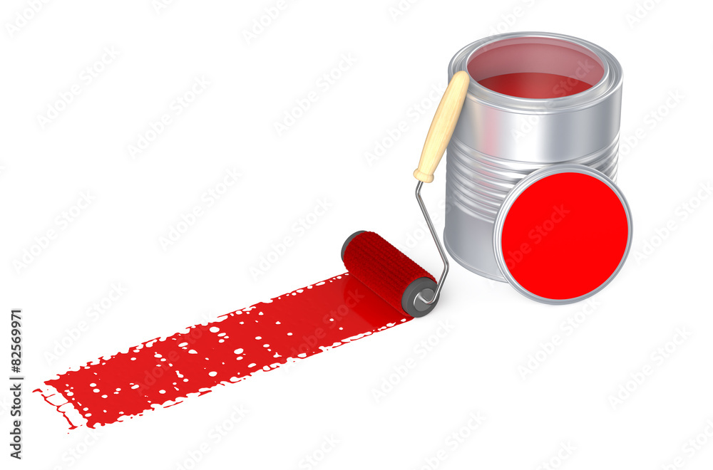 带红色油漆和滚筒刷的罐子