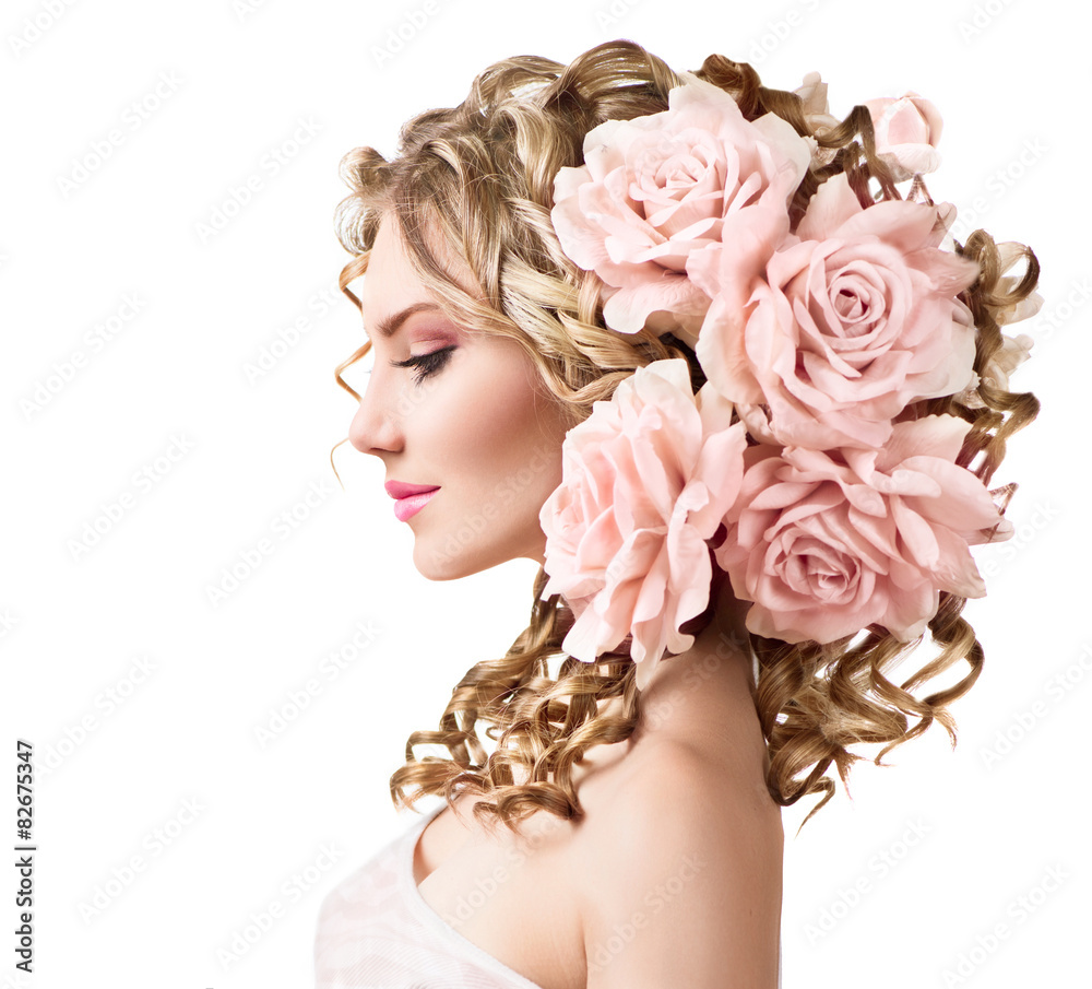 Beauty girl with rose flowers hairstyle isolated on white