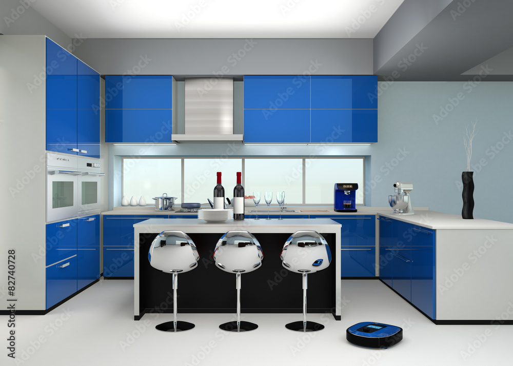 现代厨房内部的机器人吸尘器