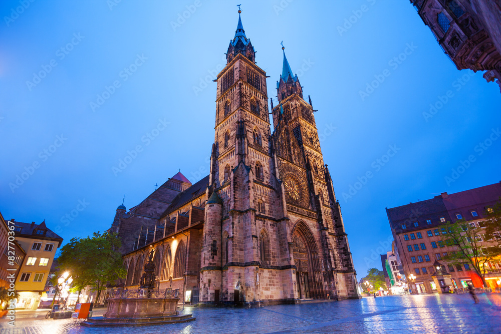 St. Lawrence church at night after rain, Nuremberg