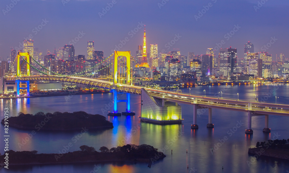 东京湾、彩虹桥和东京塔地标景观