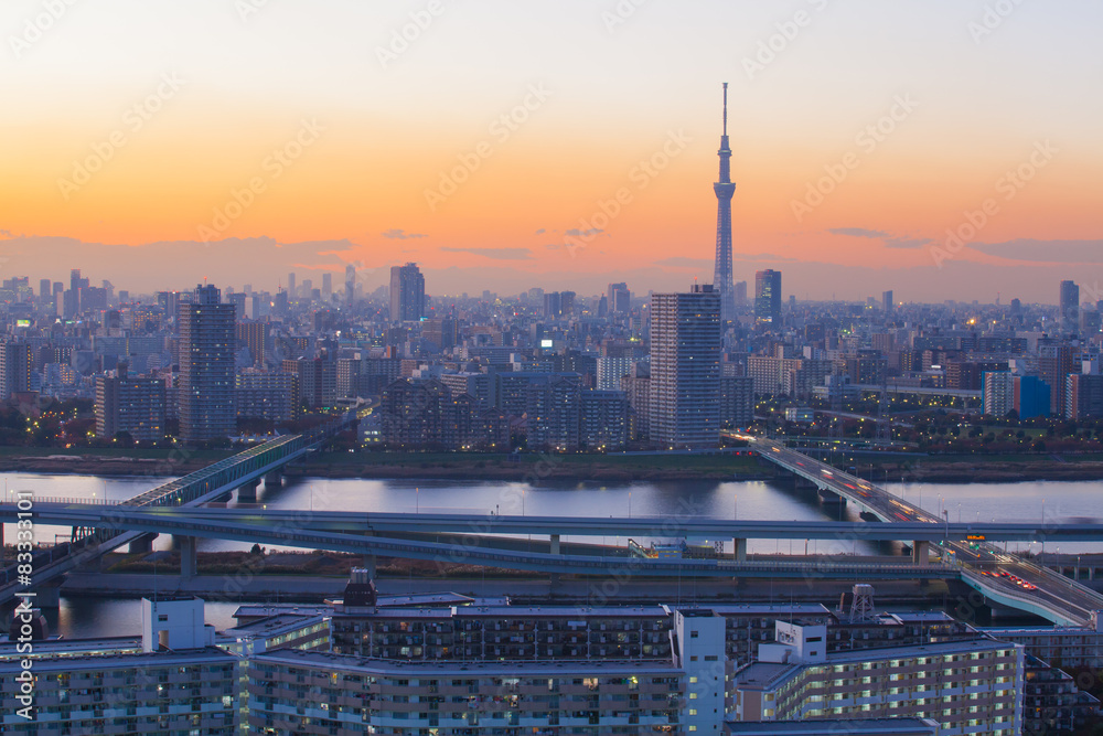 东京城市景观，傍晚的东京天空树和河流