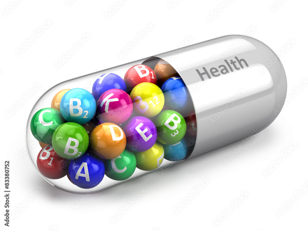 Healthy life concept: vitamins on white background