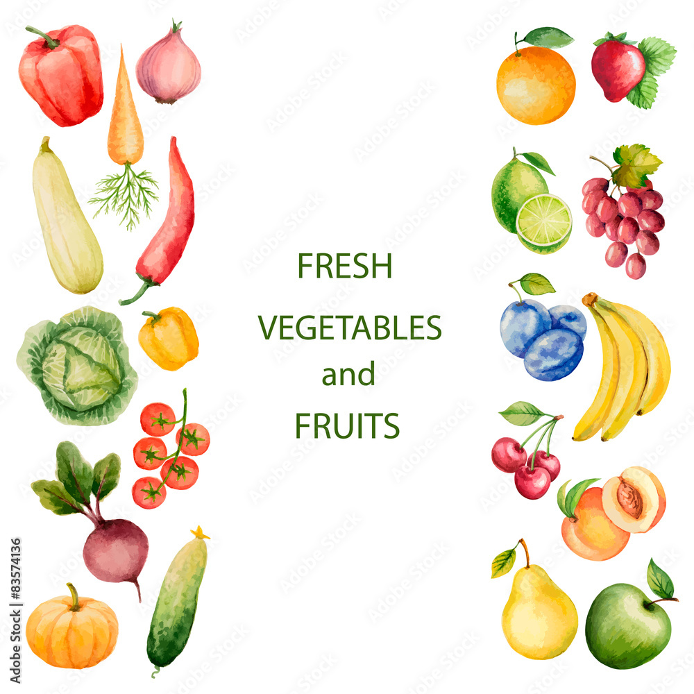 一套水彩蔬菜和水果。