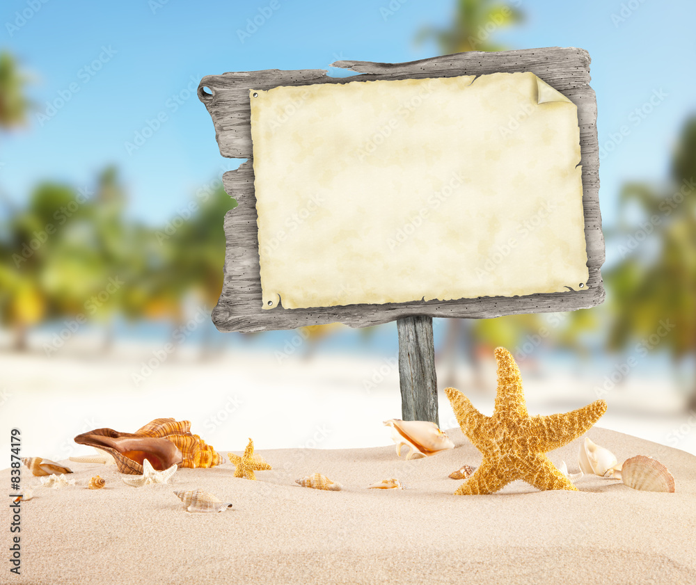夏季海滩配空白木版海报