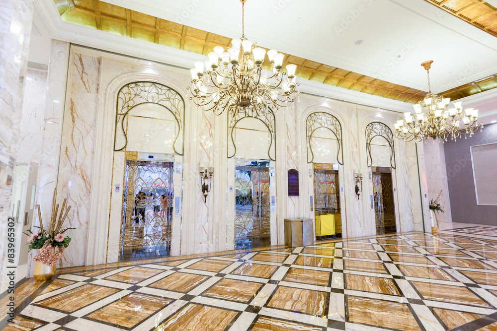 Elevator and decorations in hotel hall