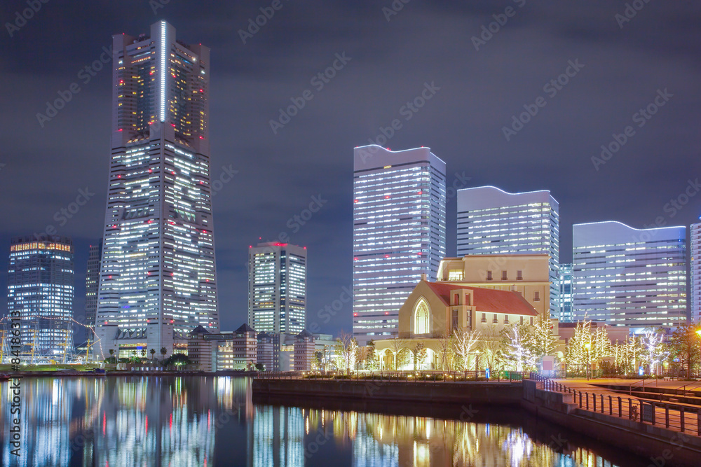 Yokohama skyline at minato mirai area at night view..