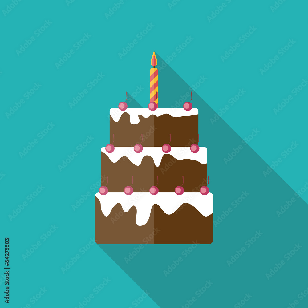 生日蛋糕扁平图标，长阴影，矢量插图