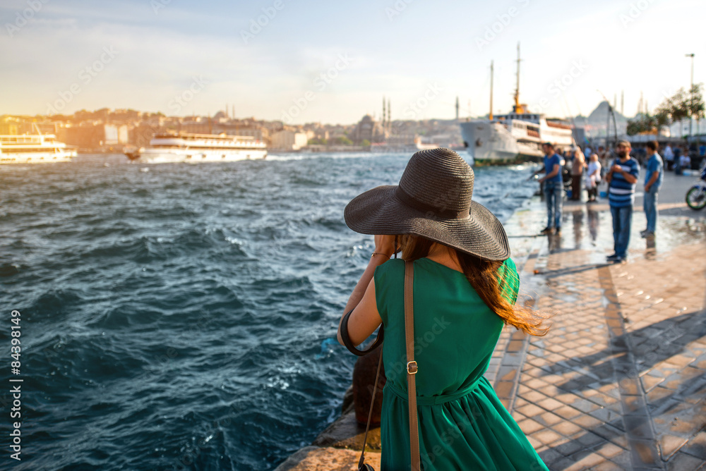 Woman traveler on the Bosphorus in Istanbul