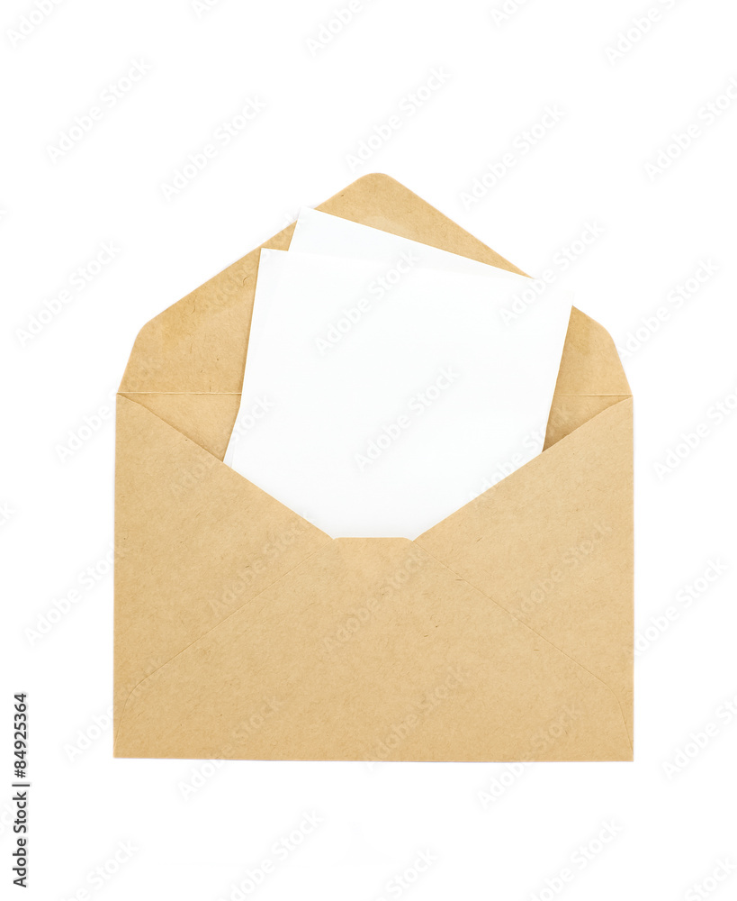 White paper note and brown envelope isolated on white