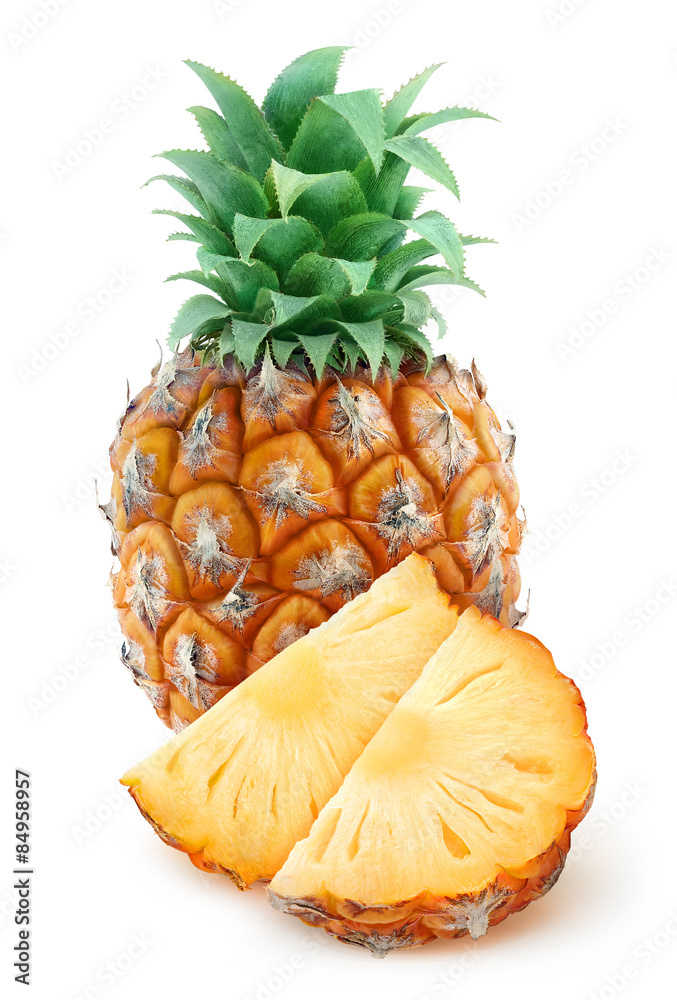 Fresh pineapple with slices over white background