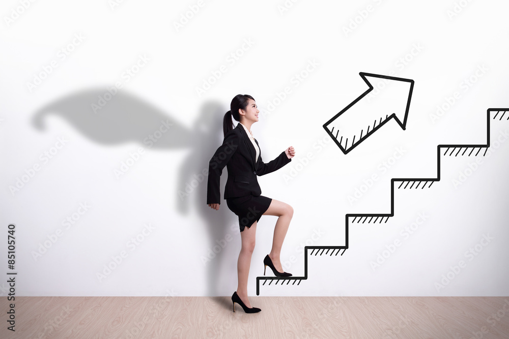 Superhero business woman with stair