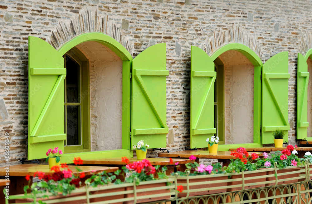 木制绿色房屋窗户和花朵