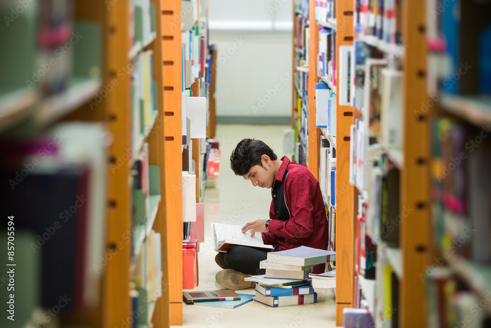亚裔学生在图书馆看书
