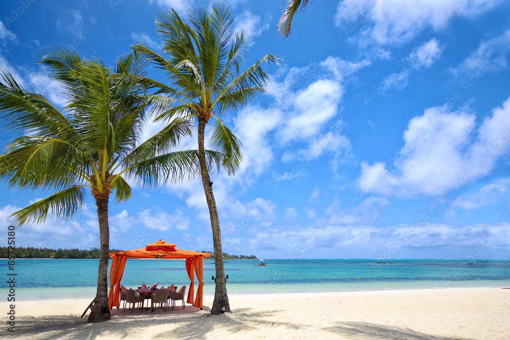 毛里求斯岛热带沙滩上的午餐时间