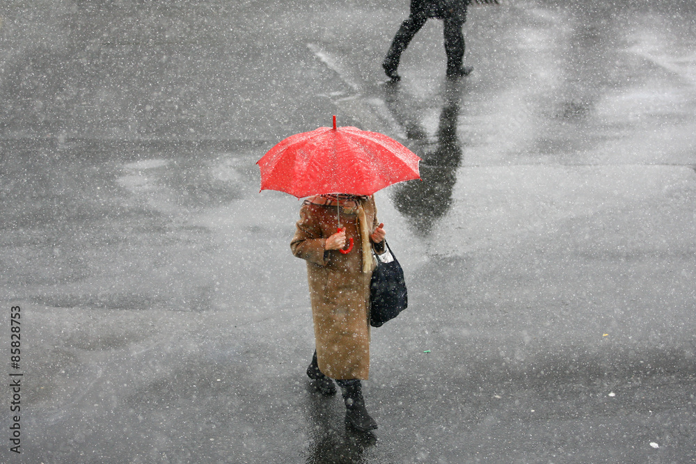 暴风雪中带伞女孩