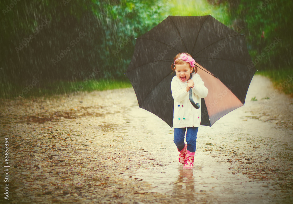 快乐的女婴在雨中撑着伞跑了过去