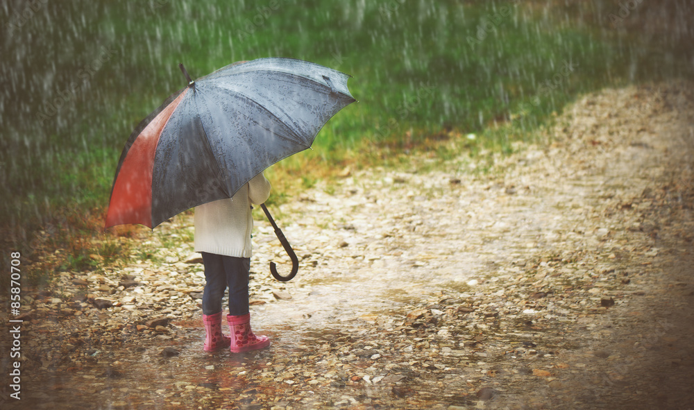 雨中带伞的快乐女婴纵情奔跑