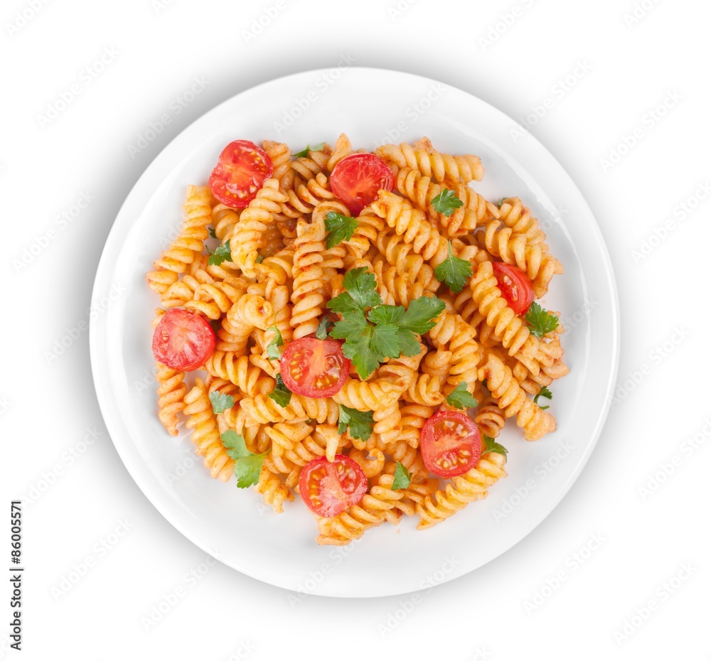 意大利面，番茄，特写。