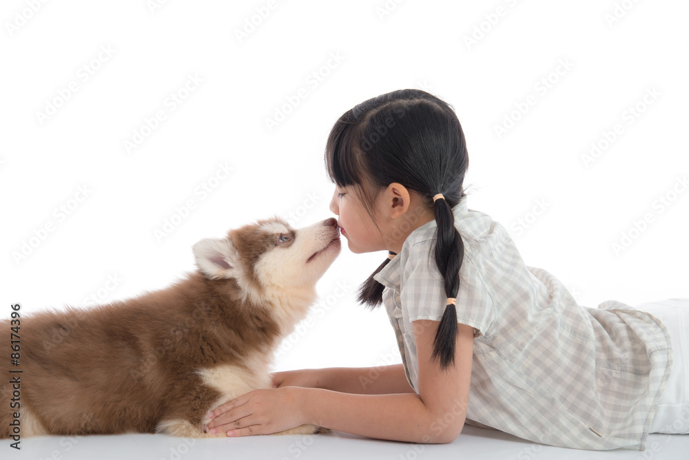 亚洲小女孩在白色背上亲吻西伯利亚哈士奇小狗