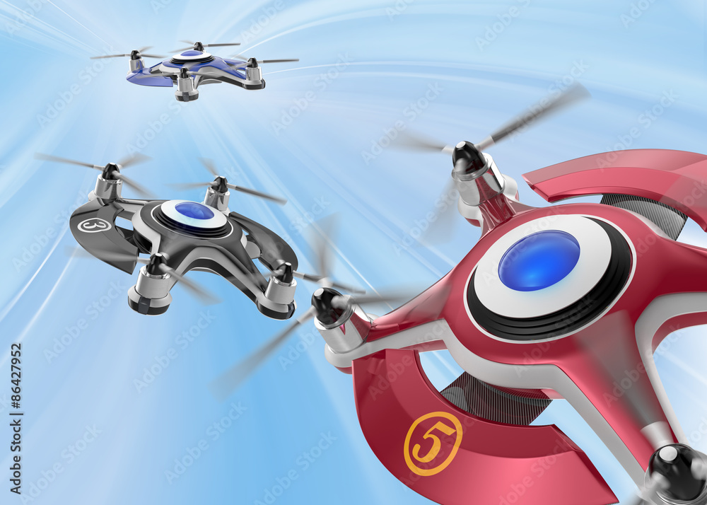 红色赛车无人机在天空中追逐。原创设计。
