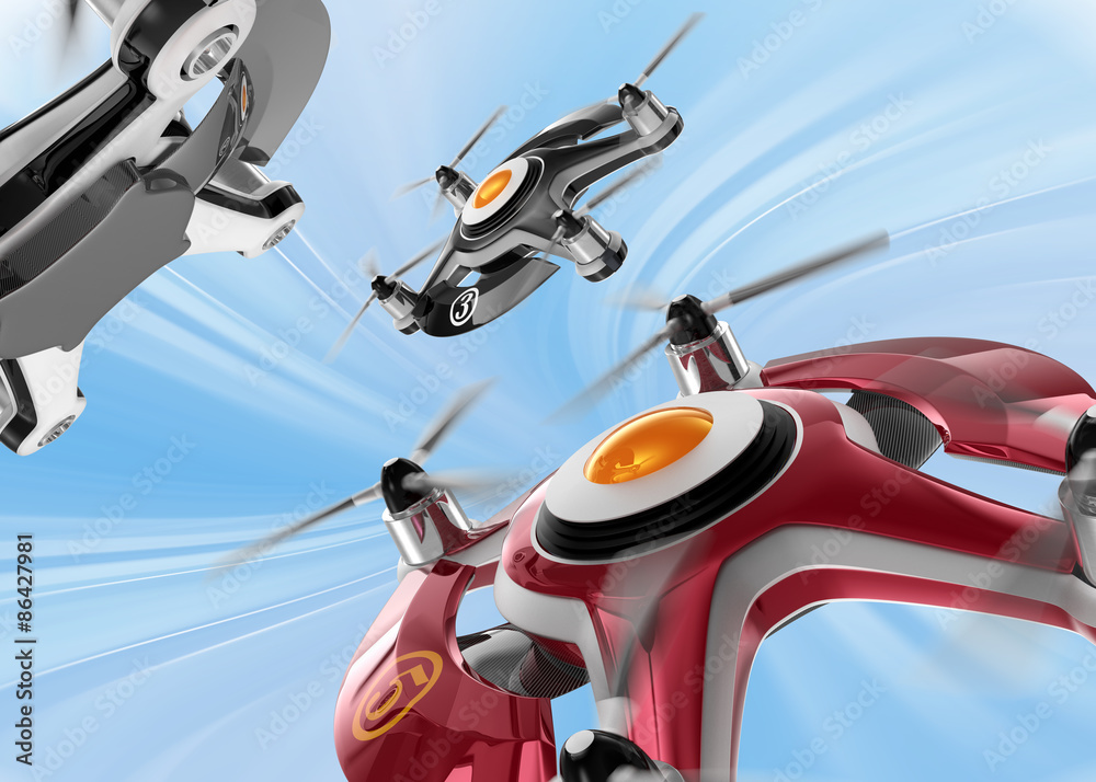 红色赛车无人机在天空中追逐。原创设计。