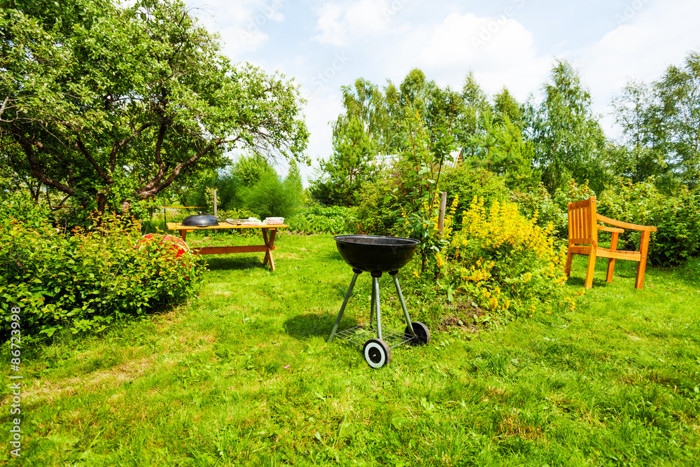 Beautiful view on garden with grill, table, chair