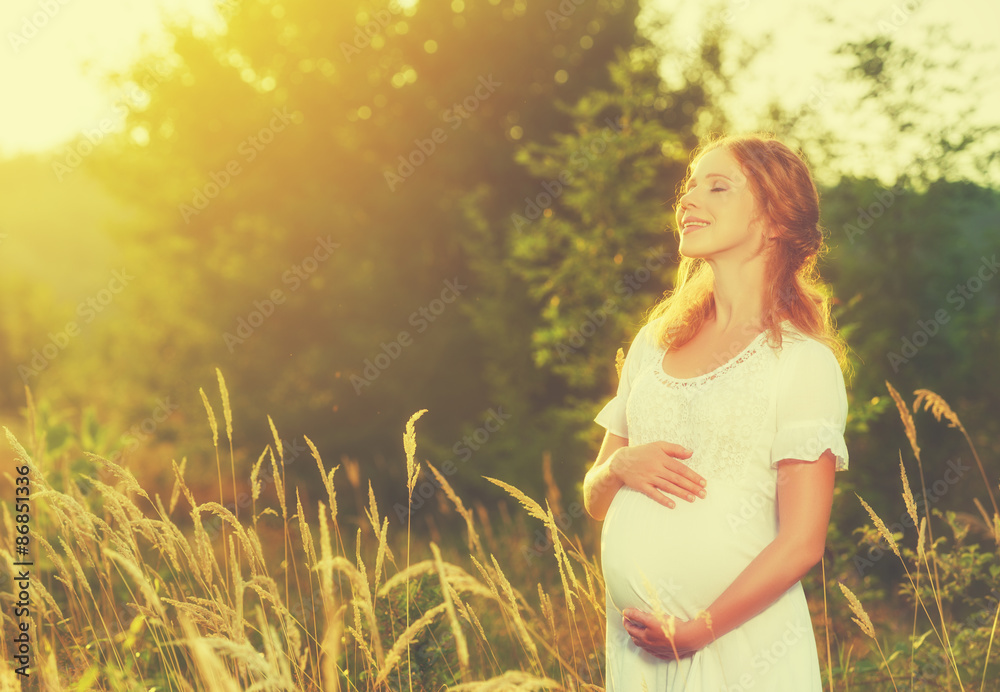 美丽的孕妇在夏日日落的自然草地上