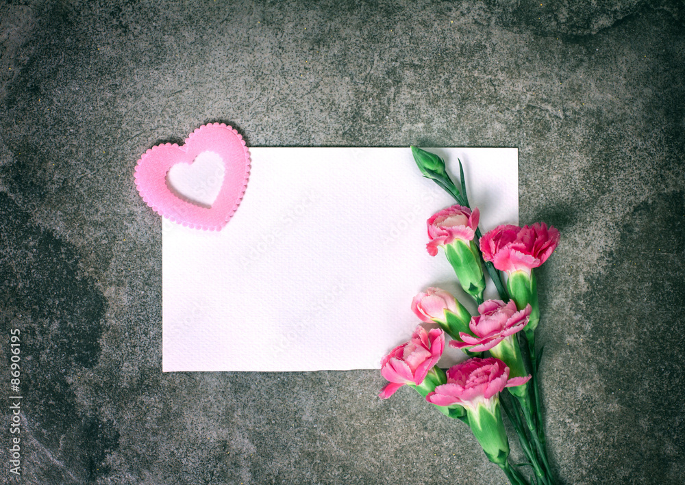 新鲜粉色康乃馨花和空白卡片用于复制空间