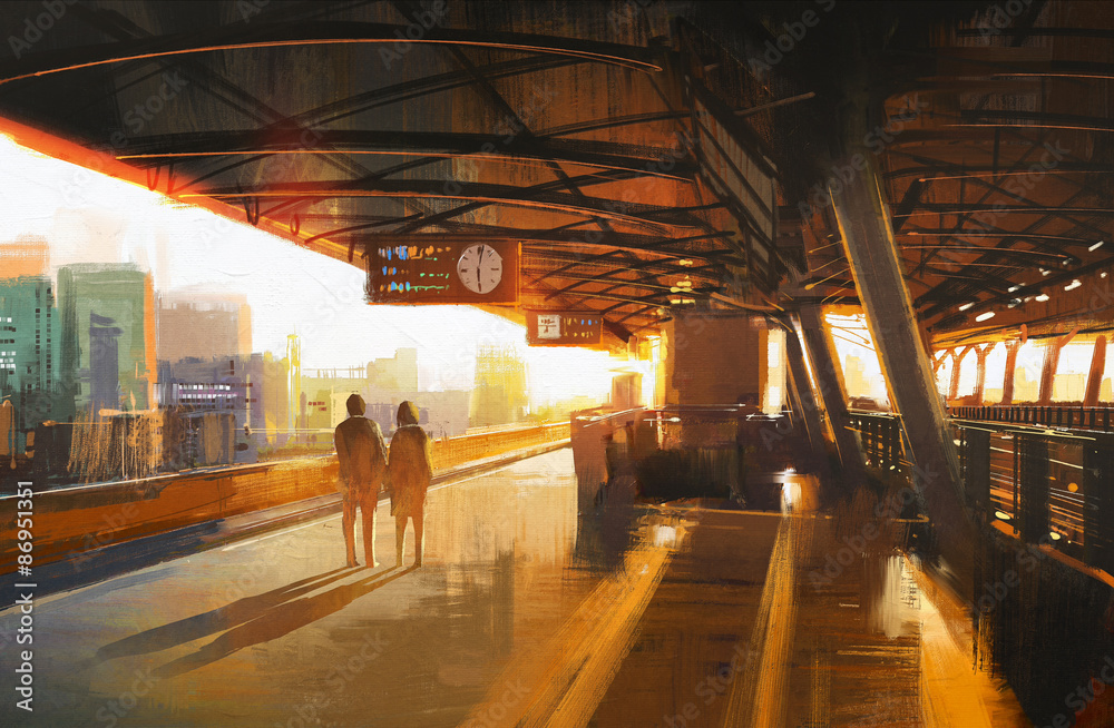 一对夫妇在车站等火车的画面