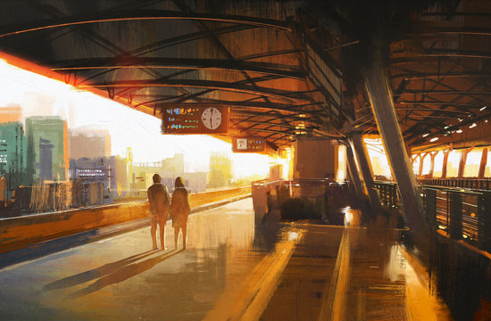 一对夫妇在车站等火车的画面