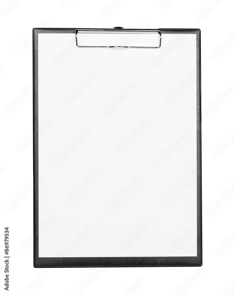 Black clipboard with white paper isolated on white background
